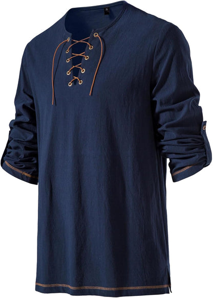 Men's Pure Cotton Vintage Lace Up Shirts for Pirate Renaissance Viking Medieval Costume Without Belt