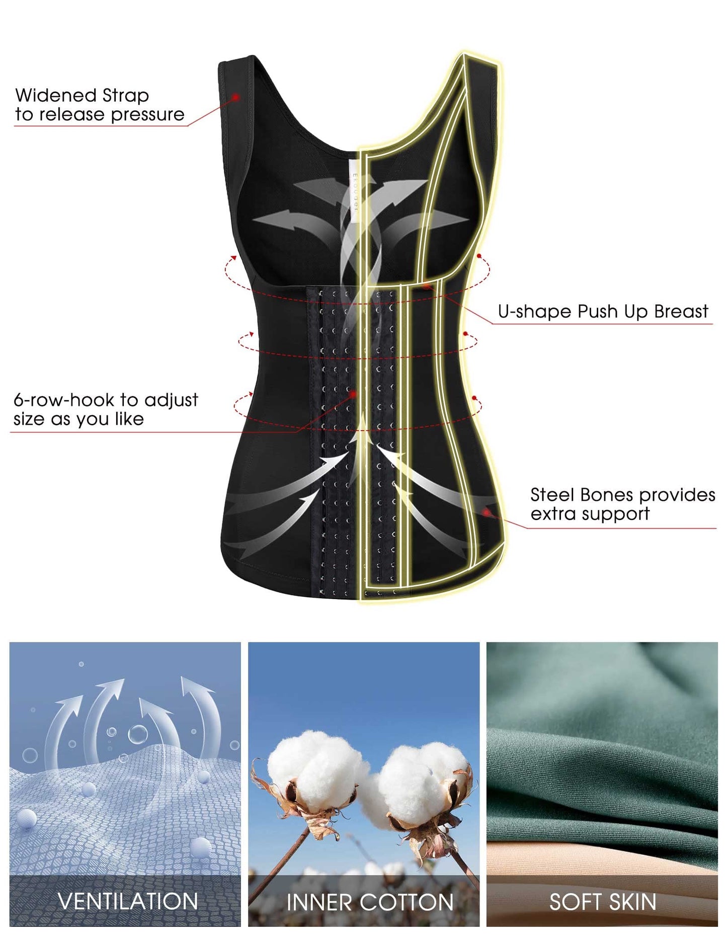 Ekouaer Women's Underbust Corset Waist Trainer Cincher Steel Boned Body Shaper Tummy Fat Burner S-4XL
