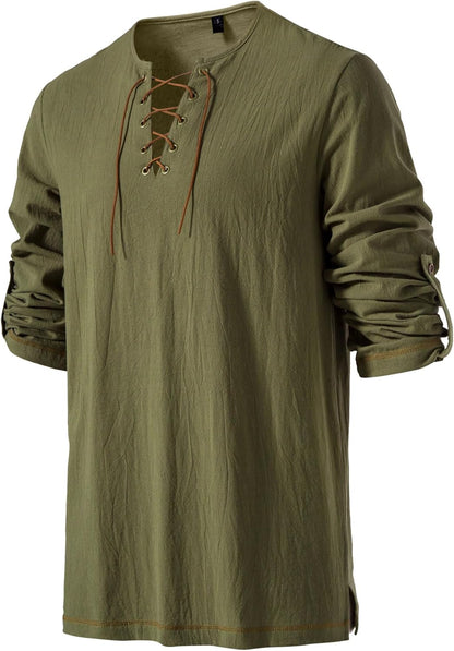 Men's Pure Cotton Vintage Lace Up Shirts for Pirate Renaissance Viking Medieval Costume Without Belt