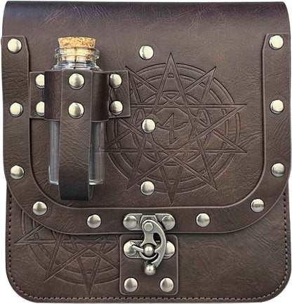 HiiFeuer Medieval Alchemy Faux Leather Belt Bag with 4 Cork Potion Vials, Fantasy Wizard Waist Pouch Side Pack for Ren Faire (Light Brown A)