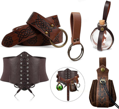 5PCS Renaissance Costume Sets Corset Waistband Belt Pouch Coin Purse Potion Bottle Vials Skirt Hike Medieval Cosplay