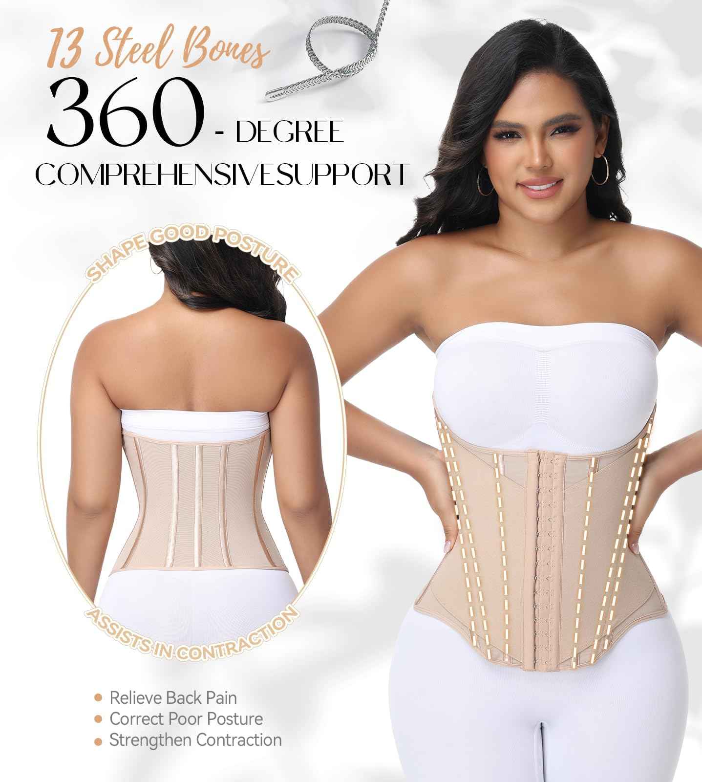 SHAPSHE Waist Trainer For Women Tummy Control Corset Waist Cincher Shapewear Workout Faja Body Shaper With Hooks