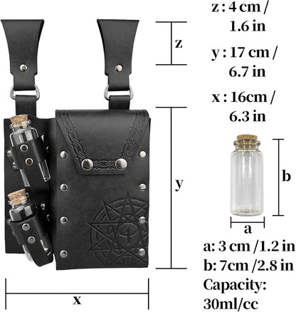 HiiFeuer Medieval Alchemy Faux Leather Belt Bag with 4 Cork Potion Vials, Fantasy Wizard Waist Pouch Side Pack for Ren Faire (Light Brown A)