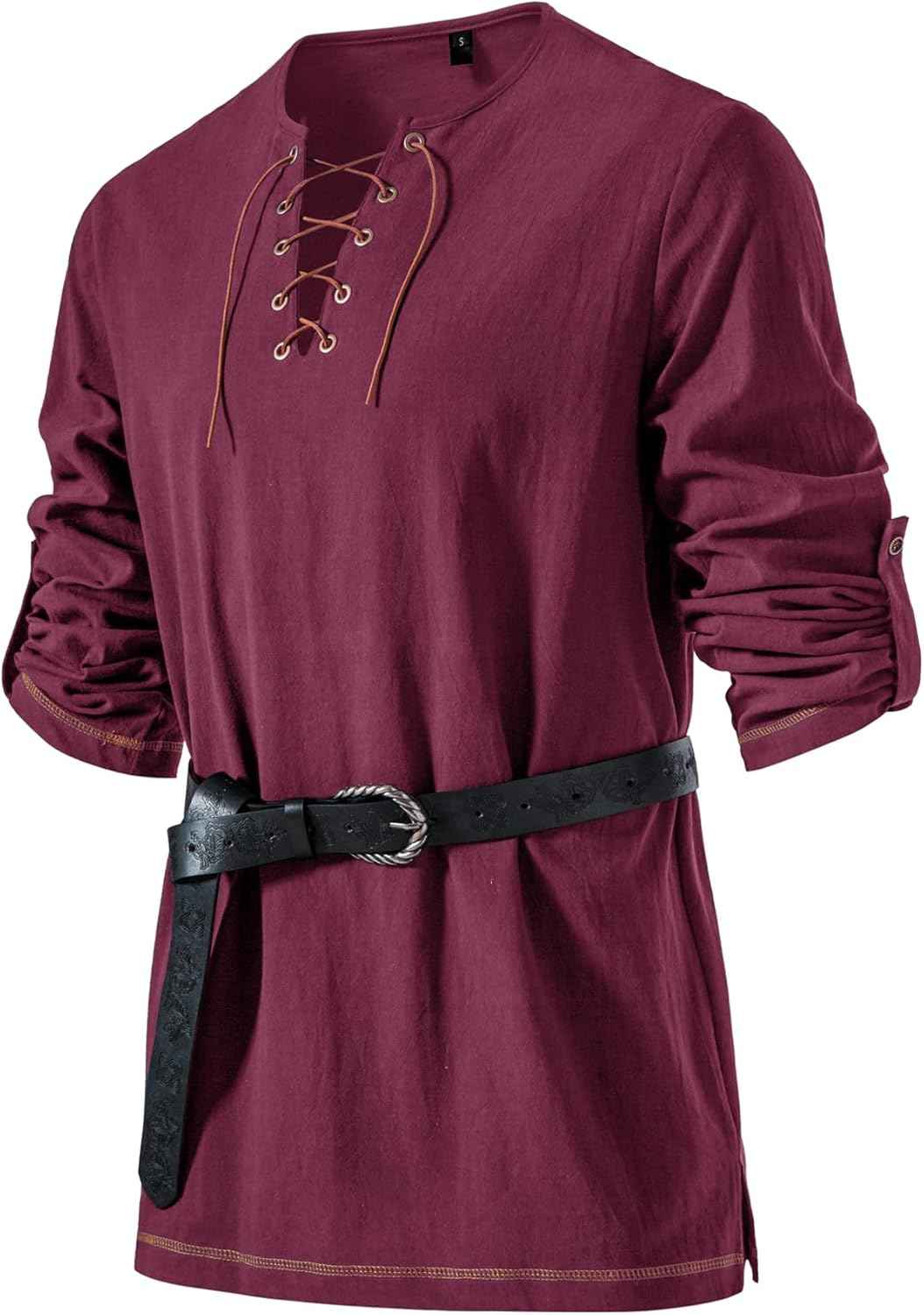 Men's Pure Cotton Vintage Lace Up Shirts for Pirate Renaissance Viking Medieval Costume Without Belt