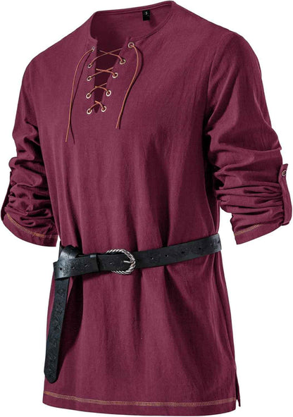 Men's Pure Cotton Vintage Lace Up Shirts for Pirate Renaissance Viking Medieval Costume Without Belt