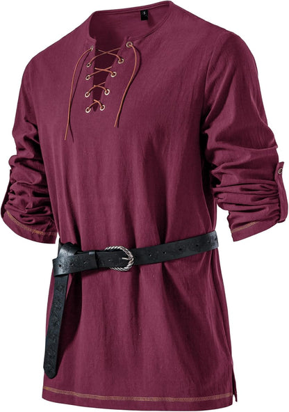 Men's Pure Cotton Vintage Lace Up Shirts for Pirate Renaissance Viking Medieval Costume Without Belt