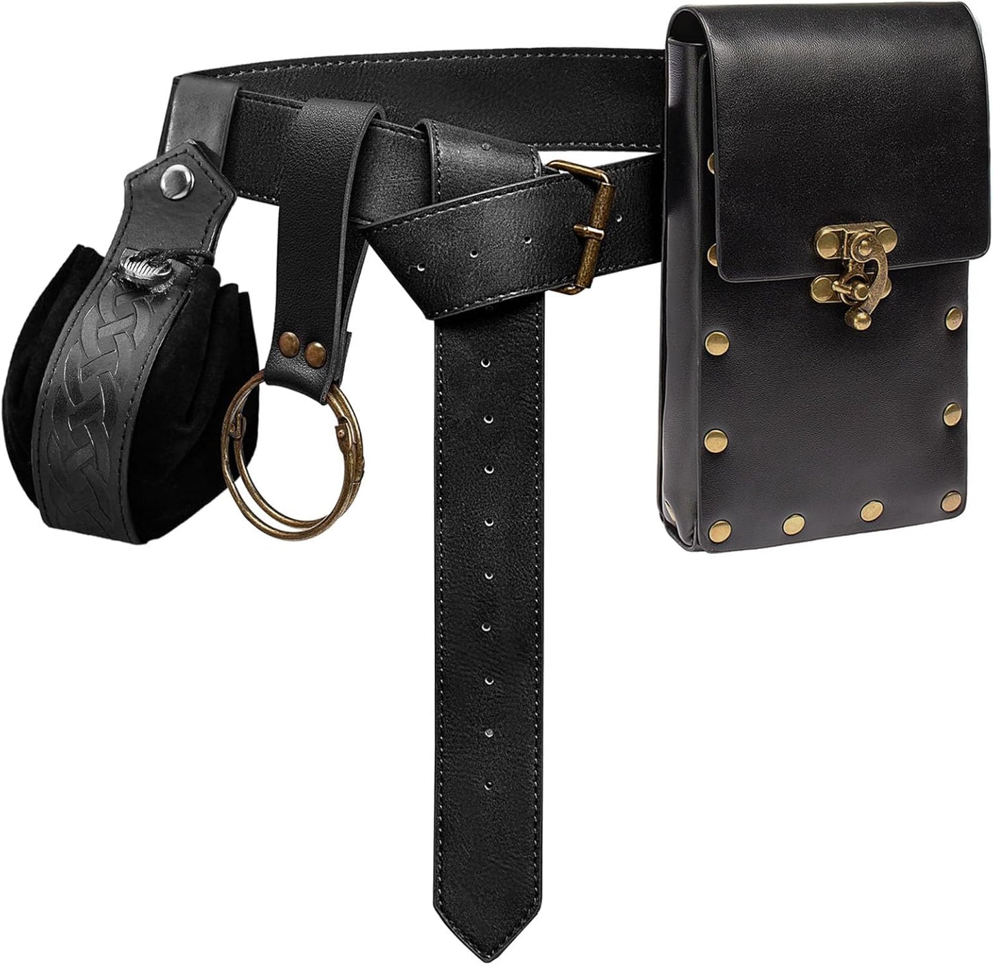 Belt Pouch Waist Bag Fanny Pack Steampunk Phone Holder Medieval Bag Leather Belt Renaissance Cosplay Costume Accessories (Tri-Black)
