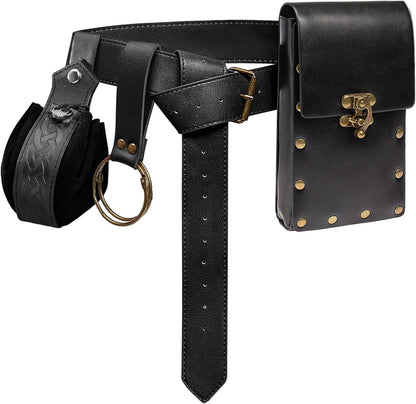Belt Pouch Waist Bag Fanny Pack Steampunk Phone Holder Medieval Bag Leather Belt Renaissance Cosplay Costume Accessories (Tri-Black)
