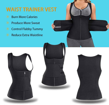 GAODI Women Waist Trainer Vest Slim Corset Neoprene Sauna Tank Top Zipper Workout Body Shaper Shirt (L, Black Sauna Vest)