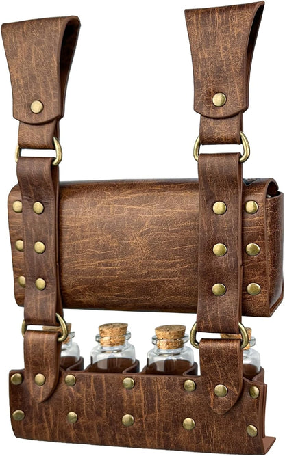HiiFeuer Medieval Alchemy Faux Leather Belt Bag with 4 Cork Potion Vials, Fantasy Wizard Waist Pouch Side Pack for Ren Faire (Light Brown A)