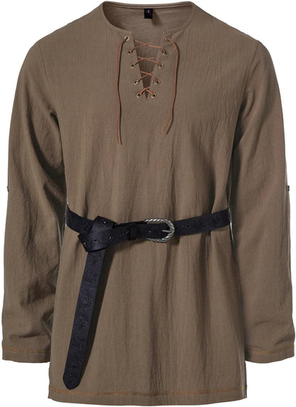 Men's Pure Cotton Vintage Lace Up Shirts for Pirate Renaissance Viking Medieval Costume Without Belt