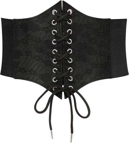 LEACOOLKEY Women Black Tied Waspie Belt, Lace-up Cinch Belt, Corset Elastic Waist Belt