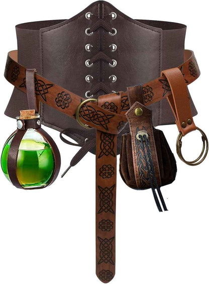 5PCS Renaissance Costume Sets Corset Waistband Belt Pouch Coin Purse Potion Bottle Vials Skirt Hike Medieval Cosplay
