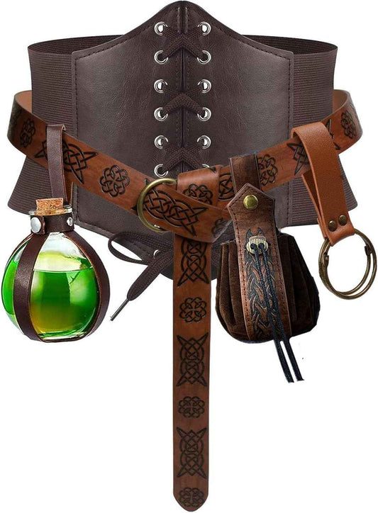5PCS Renaissance Costume Sets Corset Waistband Belt Pouch Coin Purse Potion Bottle Vials Skirt Hike Medieval Cosplay