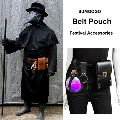 Belt Pouch Waist Bag Fanny Pack Steampunk Phone Holder Medieval Bag Leather Belt Renaissance Cosplay Costume Accessories (Tri-Black)