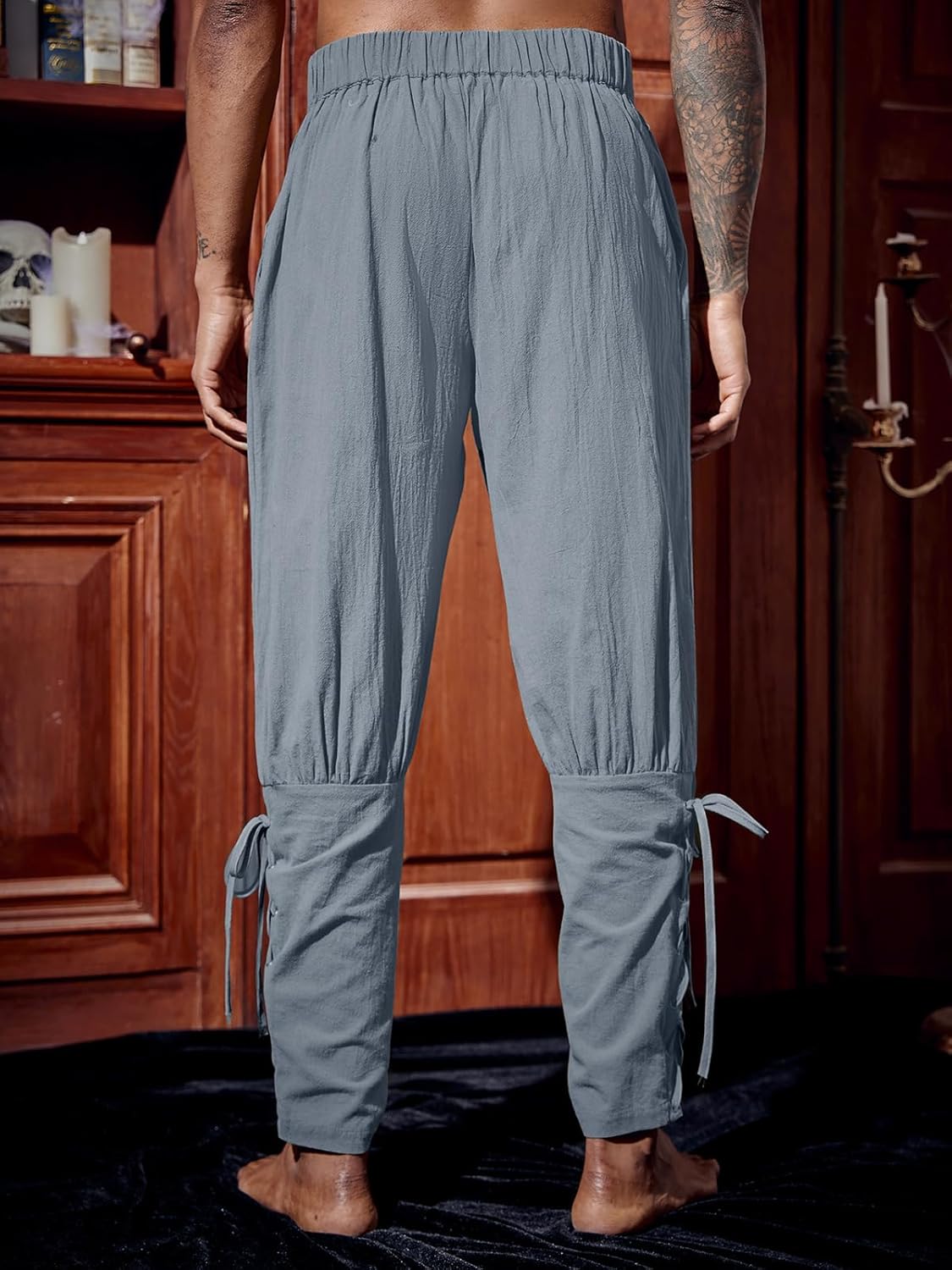 Runcati Mens Medieval Ankle Pants Renaissance Viking Pirate Lace Up Tapered Halloween Linen Costume Trousers
