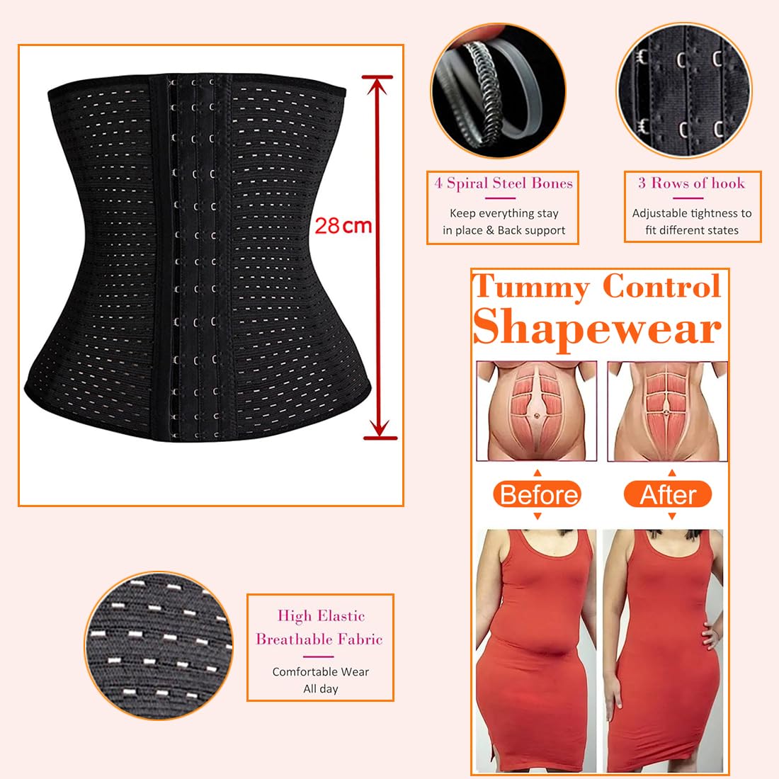 FUT Waist Trainer for Women Tummy Control Body Shaper Waist Cincher Shapewear with Steel Bones