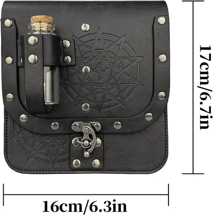 HiiFeuer Medieval Alchemy Faux Leather Belt Bag with 4 Cork Potion Vials, Fantasy Wizard Waist Pouch Side Pack for Ren Faire (Light Brown A)