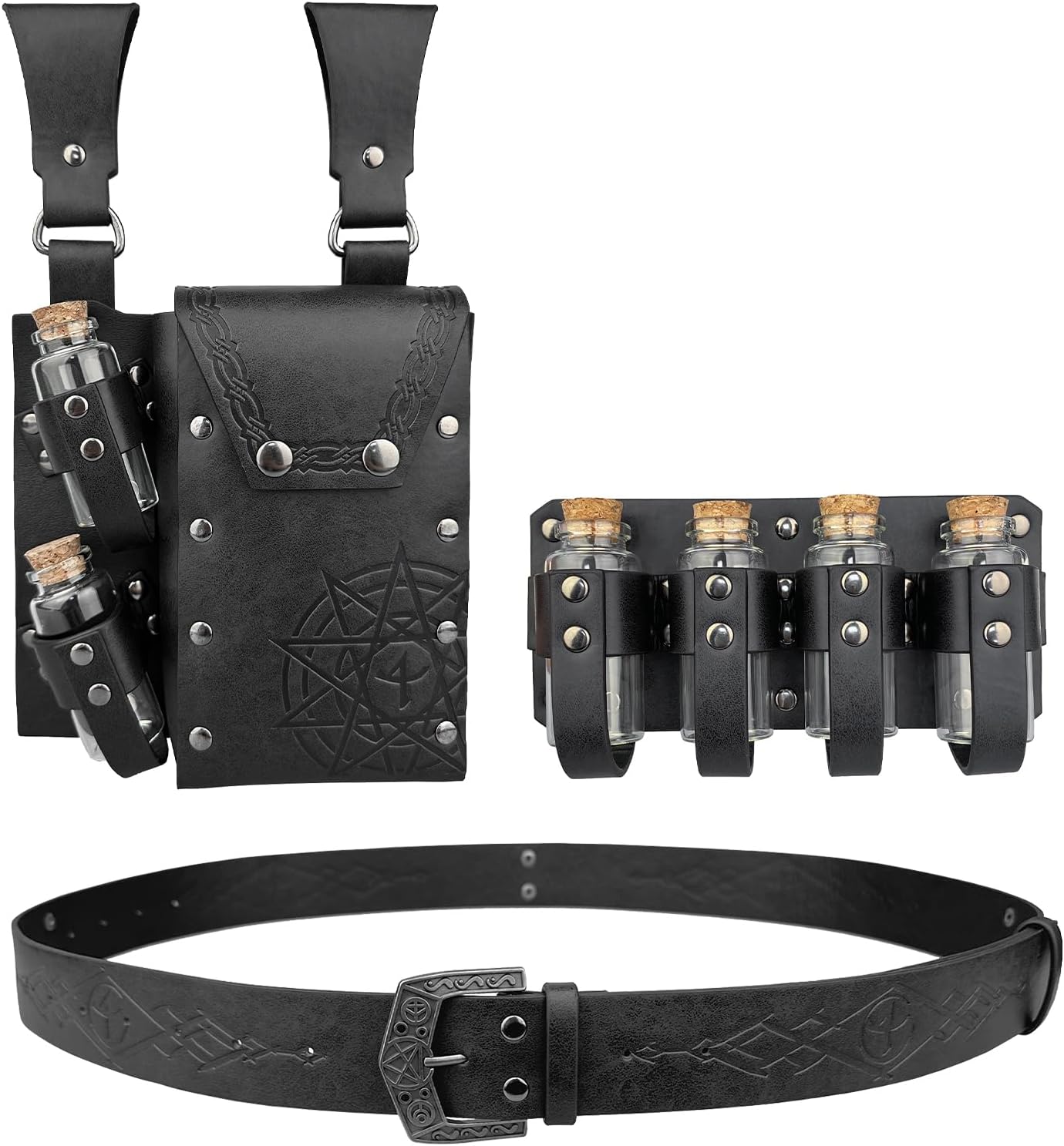 Medieval Alchemy Belt Waist Pack Combo with Multiple Potion Bottles, Viking Rivet Belt Side Pouch for Cosplay