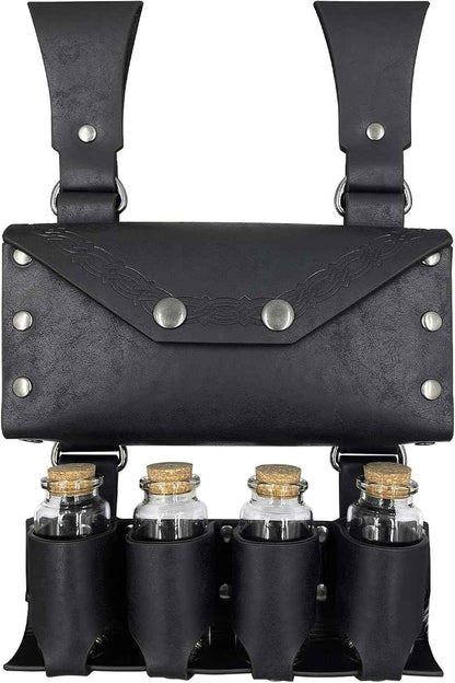 HiiFeuer Medieval Alchemy Faux Leather Belt Bag with 4 Cork Potion Vials, Fantasy Wizard Waist Pouch Side Pack for Ren Faire (Light Brown A)