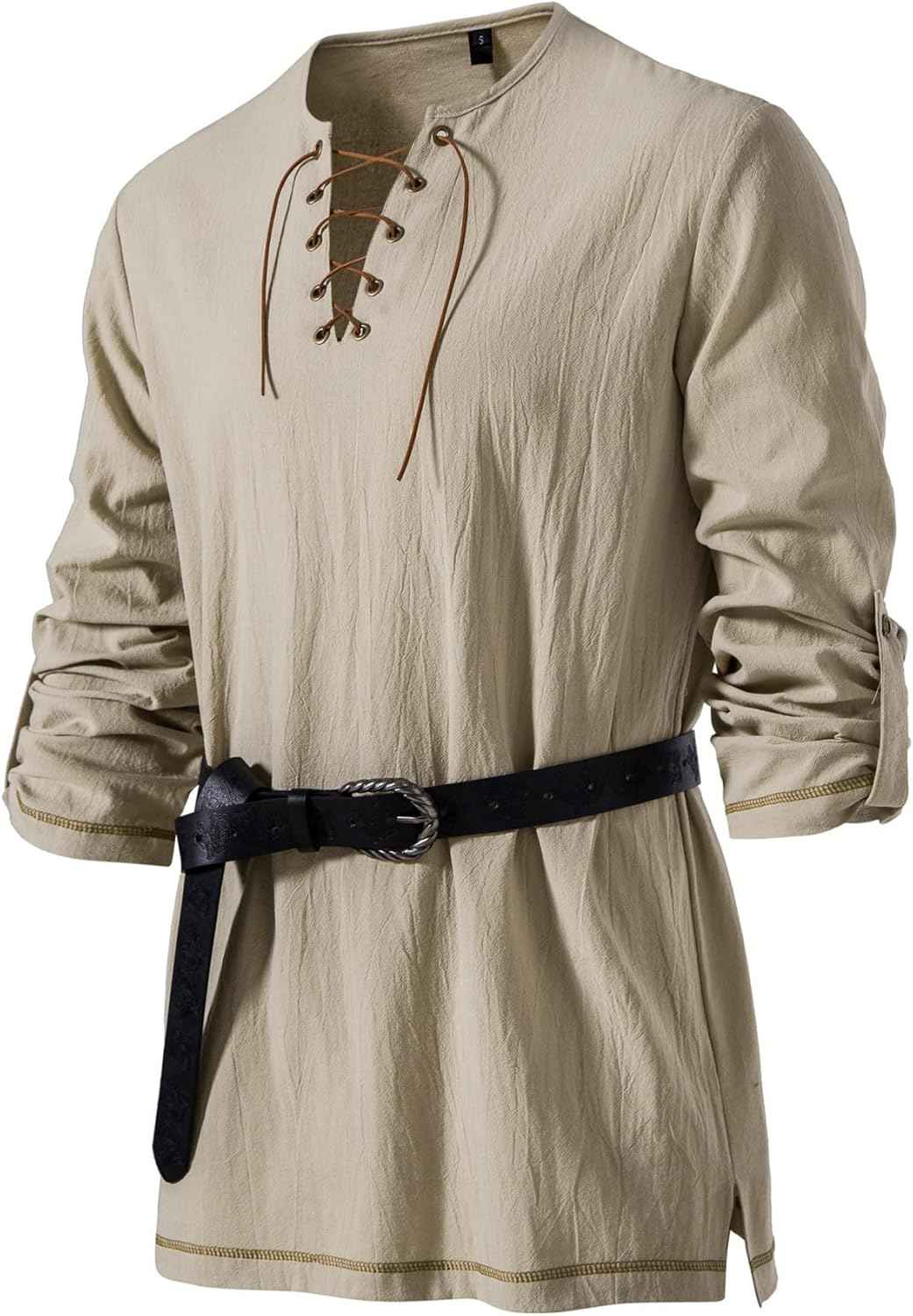 Men's Pure Cotton Vintage Lace Up Shirts for Pirate Renaissance Viking Medieval Costume Without Belt