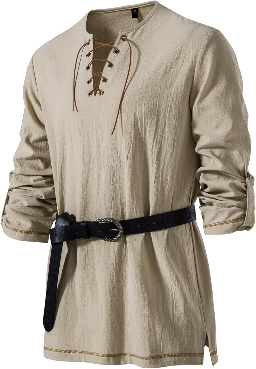 Men's Pure Cotton Vintage Lace Up Shirts for Pirate Renaissance Viking Medieval Costume Without Belt