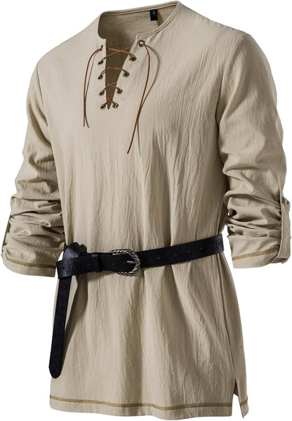 Men's Pure Cotton Vintage Lace Up Shirts for Pirate Renaissance Viking Medieval Costume Without Belt