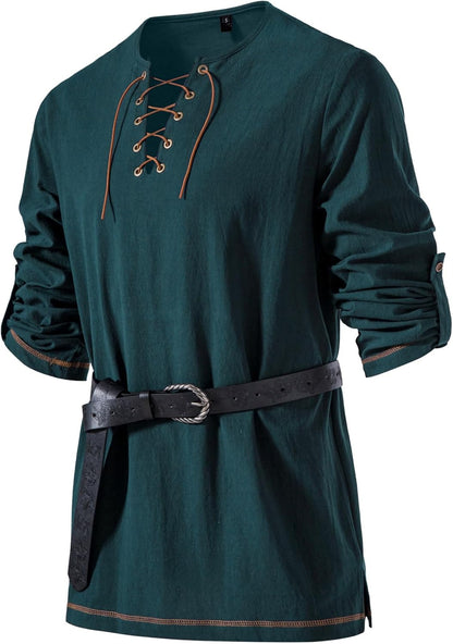 Men's Pure Cotton Vintage Lace Up Shirts for Pirate Renaissance Viking Medieval Costume Without Belt
