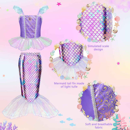Meland Mermaid Dress - Little Mermaid Costume with Bag for Girls 3-10, Princess Dress Up for Birthday Gift, Halloween Costume