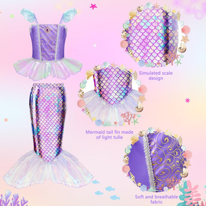 Meland Mermaid Dress - Little Mermaid Costume with Bag for Girls 3-10, Princess Dress Up for Birthday Gift, Halloween Costume