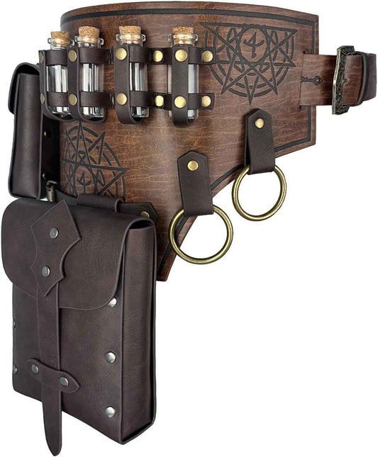 HiiFeuer 4 PCs Medieval Alchemy Costume, Fantasy Faux Leather Wizard Potion Holder Belt With 4 Cork Vials and Bag