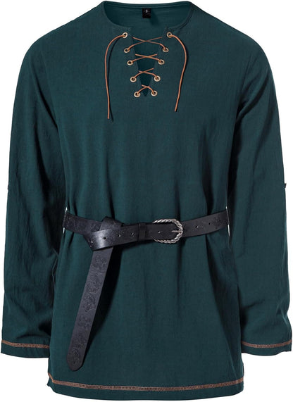 Men's Pure Cotton Vintage Lace Up Shirts for Pirate Renaissance Viking Medieval Costume Without Belt