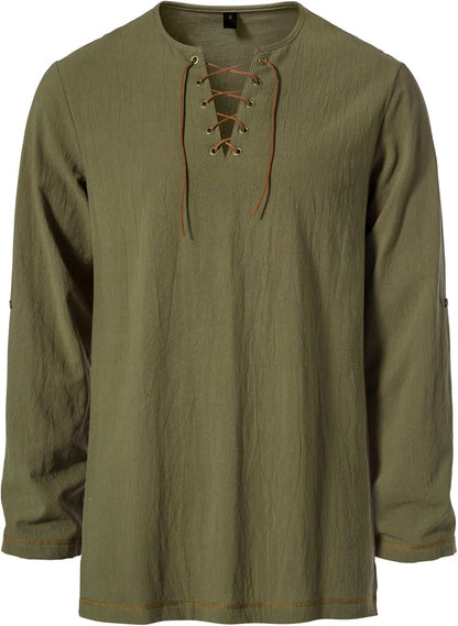Men's Pure Cotton Vintage Lace Up Shirts for Pirate Renaissance Viking Medieval Costume Without Belt