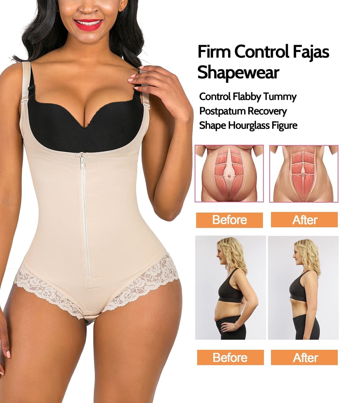 SHAPERX Women's Fajas Colombianas Shapewear Postpartum Tummy Control Body Shaper Butt Lifter Bodysuit