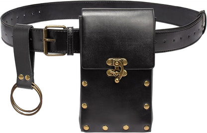 Belt Pouch Waist Bag Fanny Pack Steampunk Phone Holder Medieval Bag Leather Belt Renaissance Cosplay Costume Accessories (Tri-Black)