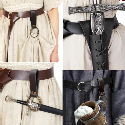 Belt Pouch Waist Bag Fanny Pack Steampunk Phone Holder Medieval Bag Leather Belt Renaissance Cosplay Costume Accessories (Tri-Black)