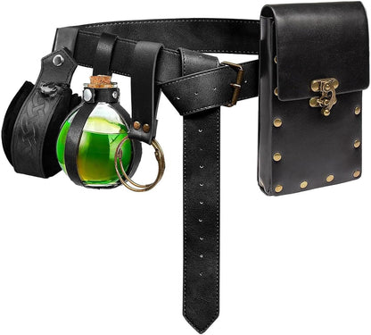 Belt Pouch Waist Bag Fanny Pack Steampunk Phone Holder Medieval Bag Leather Belt Renaissance Cosplay Costume Accessories (Tri-Black)