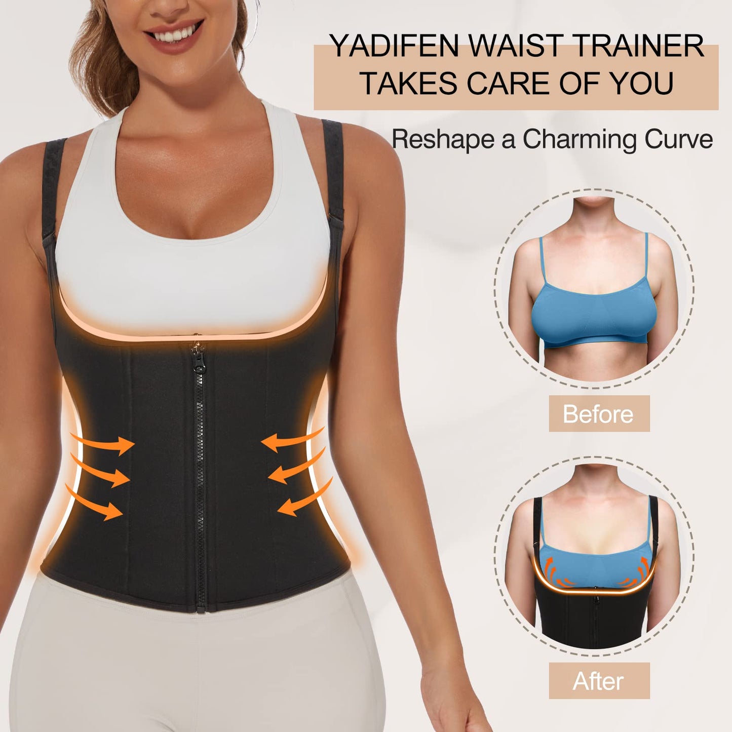 YADIFEN Waist Trainer Vest for Women,Zipper Corset Body Shaper for Tummy Control Neoprene Cincher Tank Top with Straps