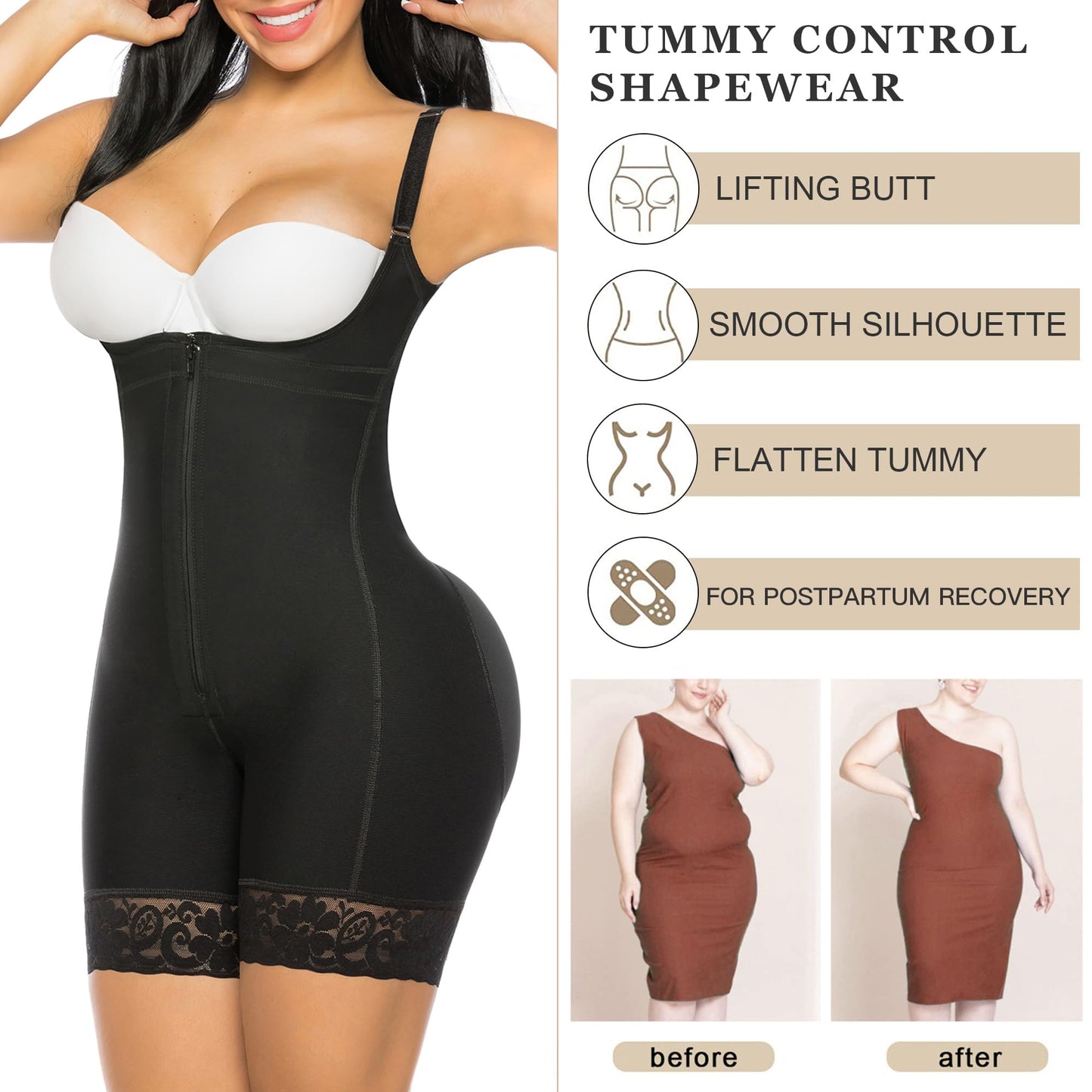 YIANNA Fajas Colombianas Shapewear for Women Postpartum Tummy Control Body Shaper Butt Lifter Bodysuit