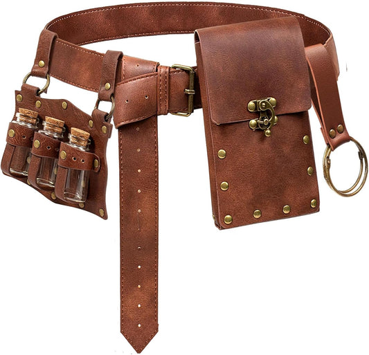 Belt Pouch Waist Bag Fanny Pack Steampunk Phone Holder Medieval Bag Leather Belt Renaissance Cosplay Costume Accessories (Tri-Black)