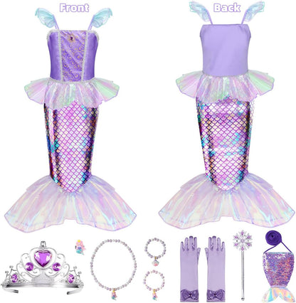 Meland Mermaid Dress - Little Mermaid Costume with Bag for Girls 3-10, Princess Dress Up for Birthday Gift, Halloween Costume