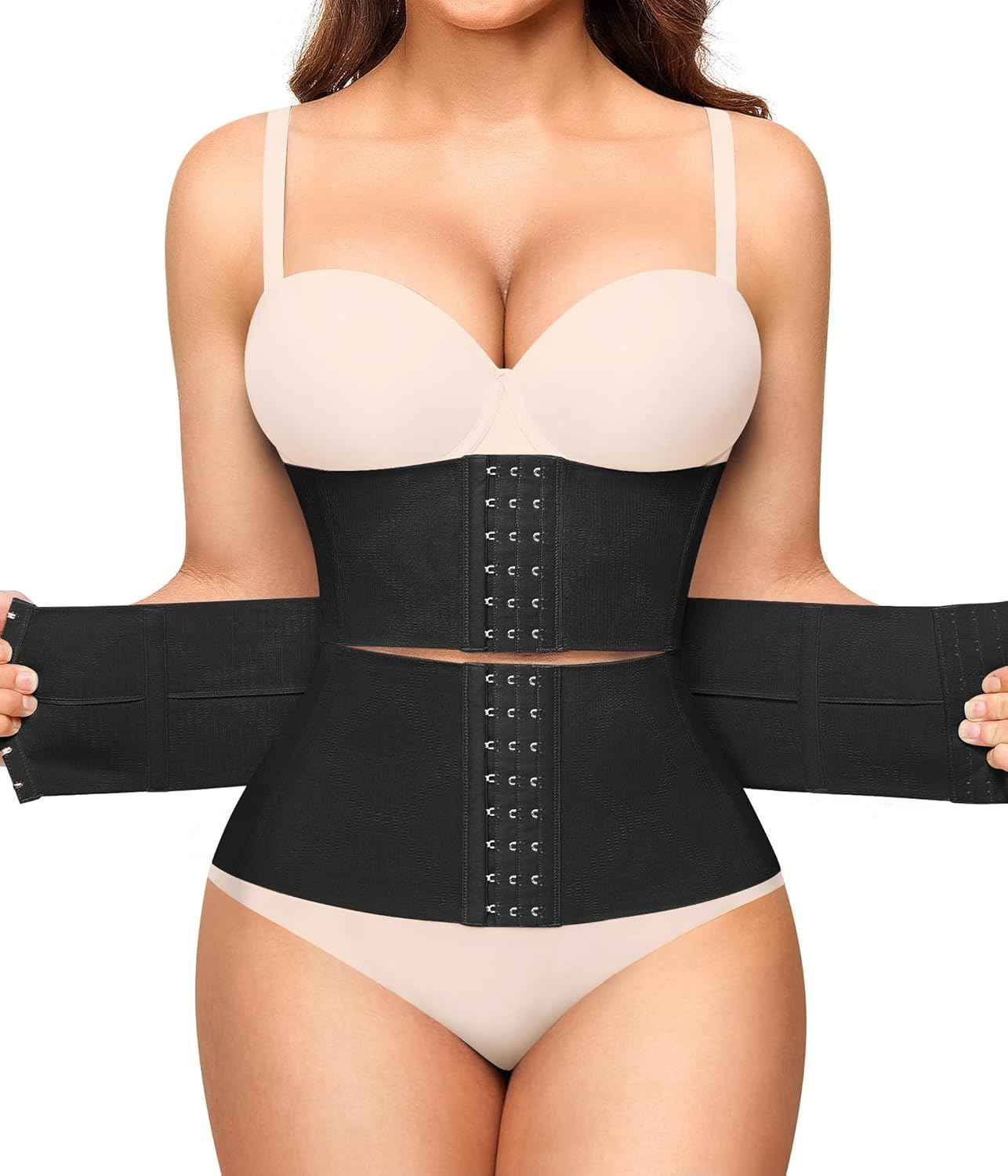 Nebility Waist Trainer for Women Seamless Corset Shapewear Tummy Control Segmented Waist Cincher Faja Body Shaper with Adjustable Strap(Black,Medium)