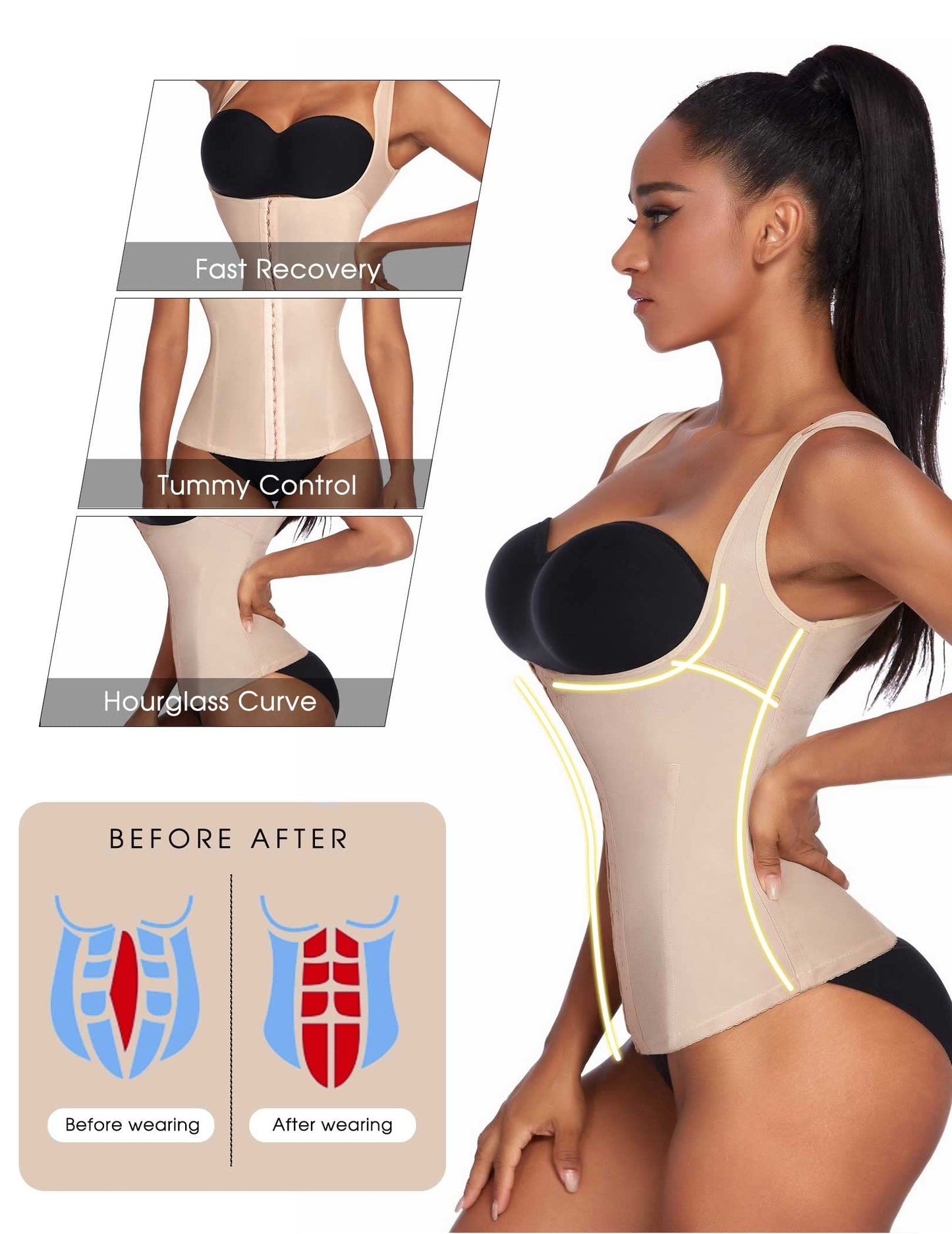 Ekouaer Women's Underbust Corset Waist Trainer Cincher Steel Boned Body Shaper Tummy Fat Burner S-4XL
