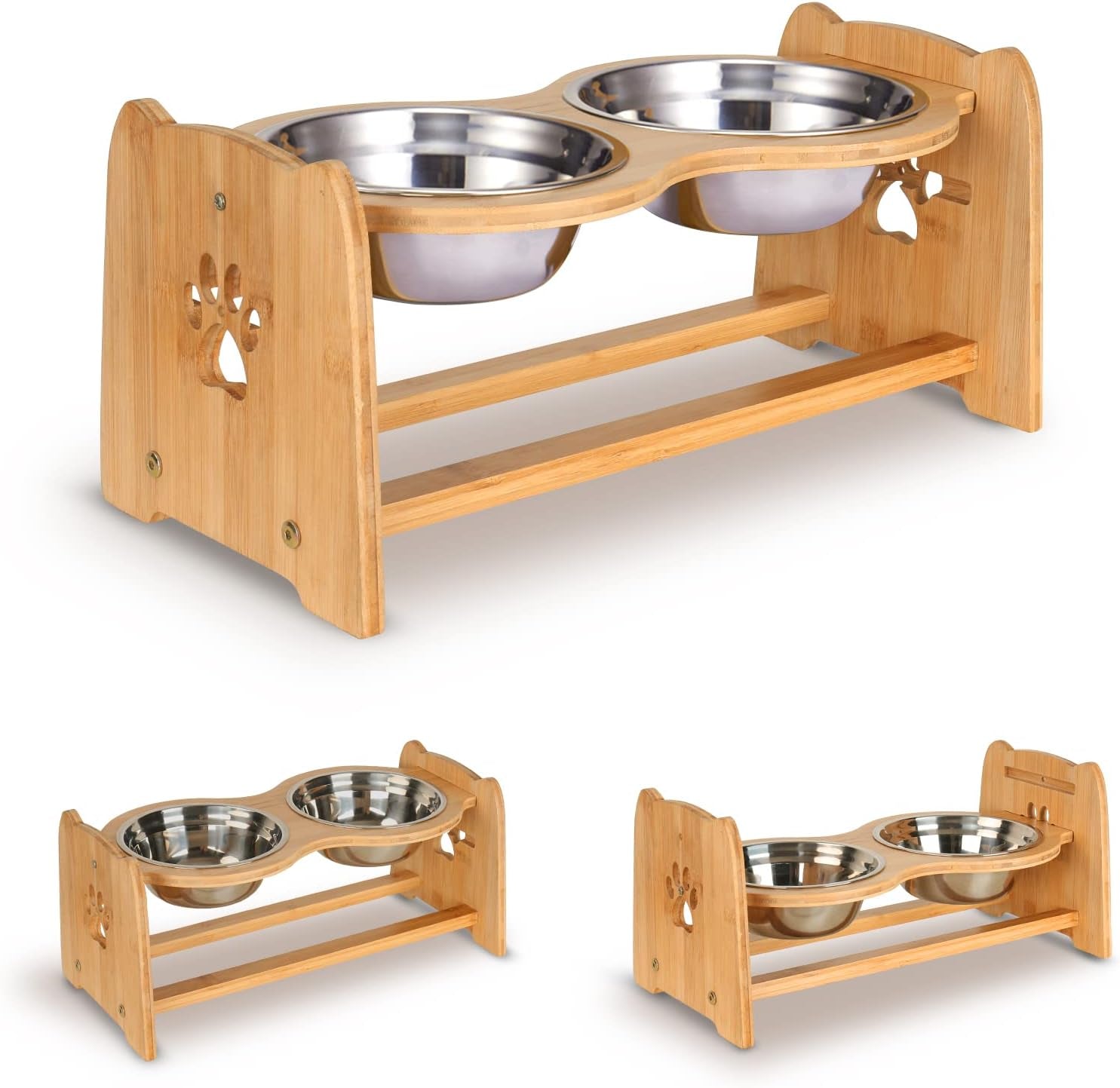 Elevated Dog Bowls for Cats and Dogs, Adjustable Bamboo Raised Dog Bowls for Medium Dog, Food and Water Set Stand Feeder with 2 Stainless Steel Bowls and anti Slip Feet (Height 4.7" to 7") Pet's Supplies |