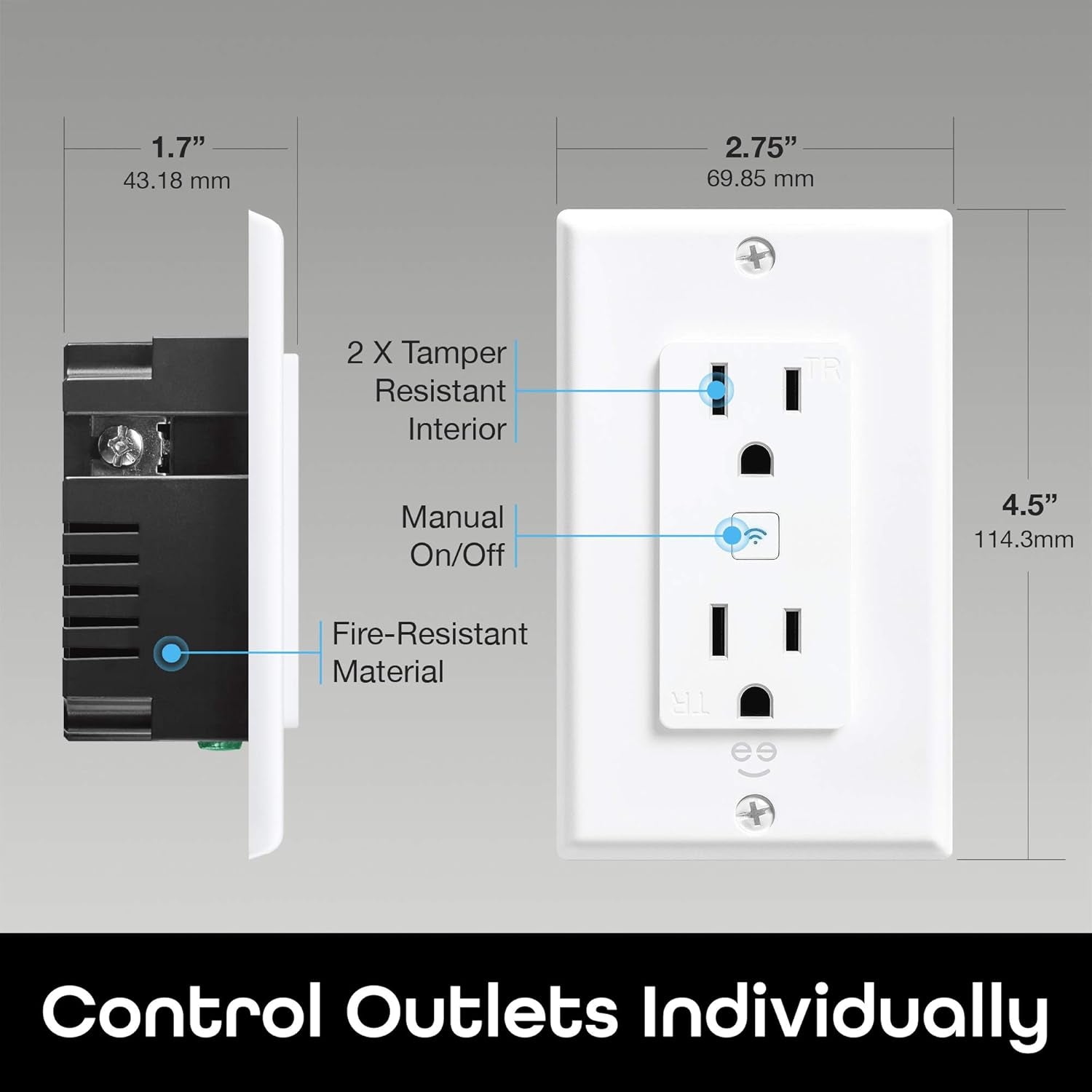 Smart Wifi In-Wall Outlet, White, 2 Outlets – No Hub Required – Smart Outlet Works with Amazon Alexa, Google Home, Requires 2.4 Ghz Wifi