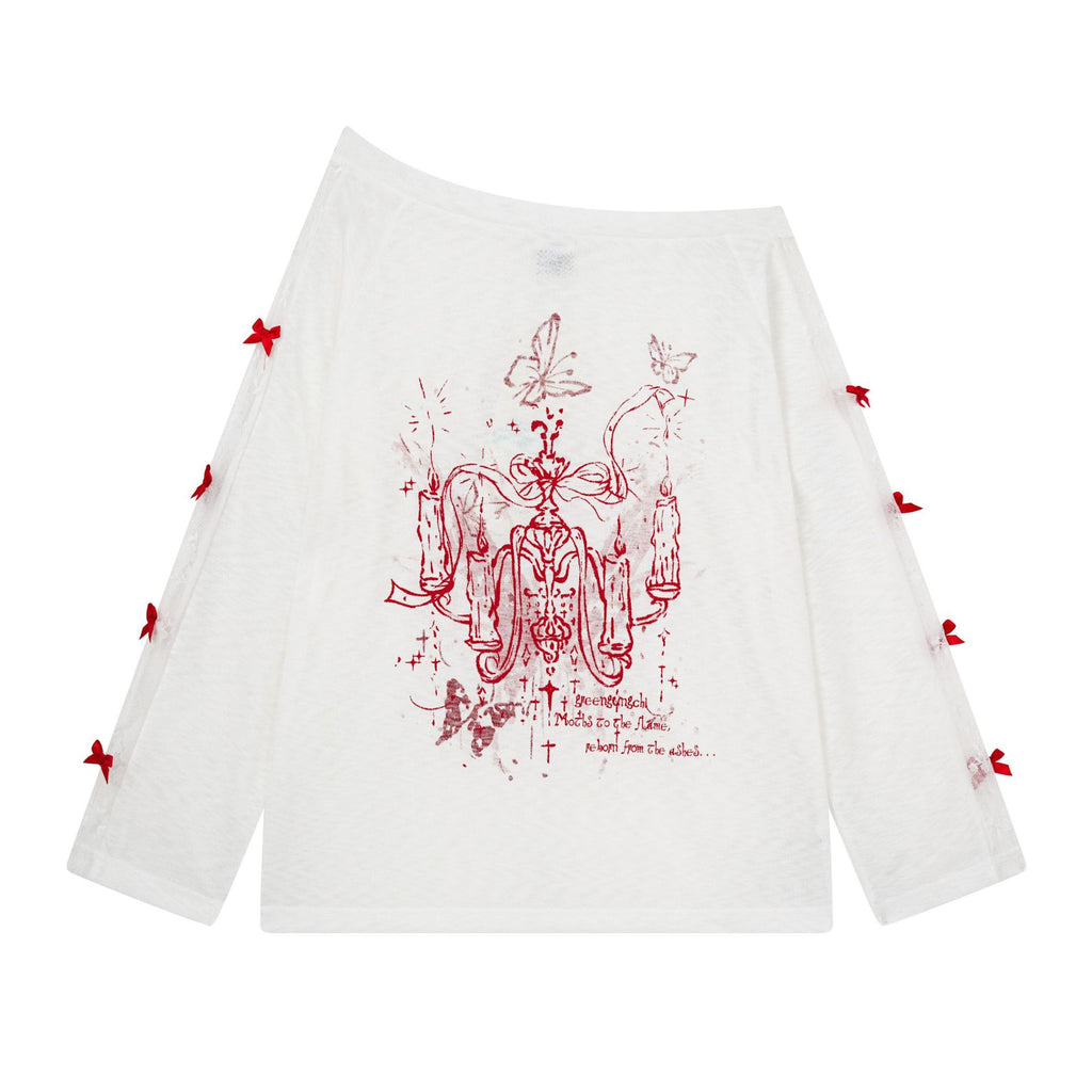 Sweet Girl Style Corset Top with Print, Asymmetrical Shoulder, Long Sleeve, Lace-up Belt, Butterfly Decoration