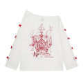 Sweet Girl Style Corset Top with Print, Asymmetrical Shoulder, Long Sleeve, Lace-up Belt, Butterfly Decoration