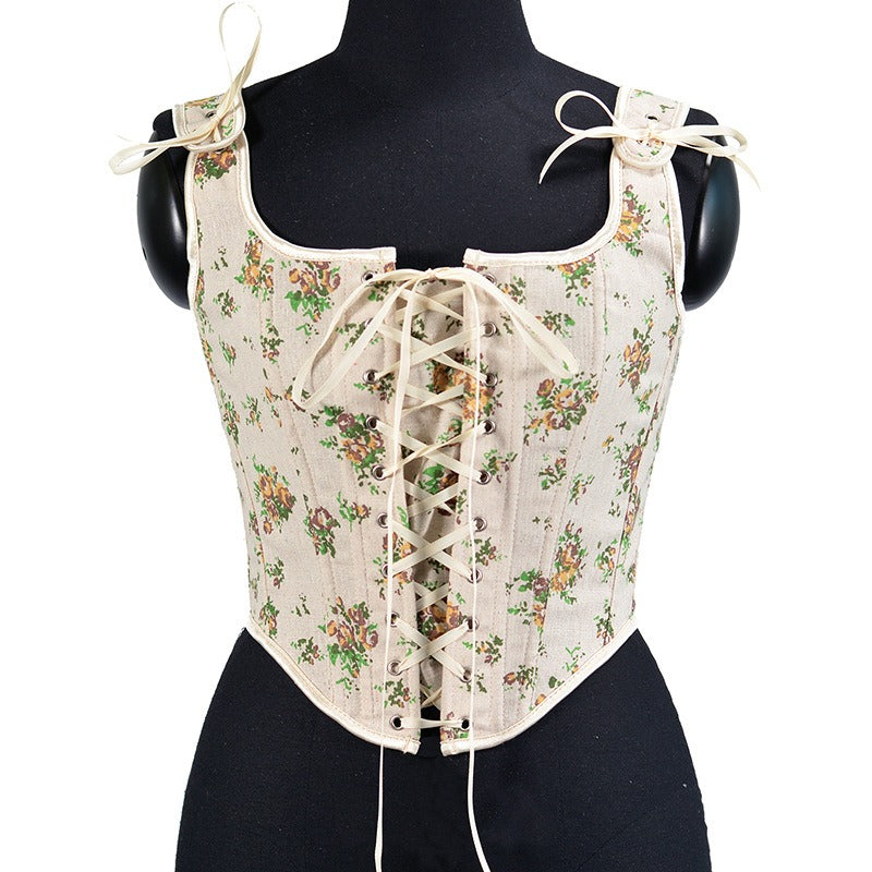 8 front strap French yellow rose print retro fishbone corset short tank top Bustier Crop