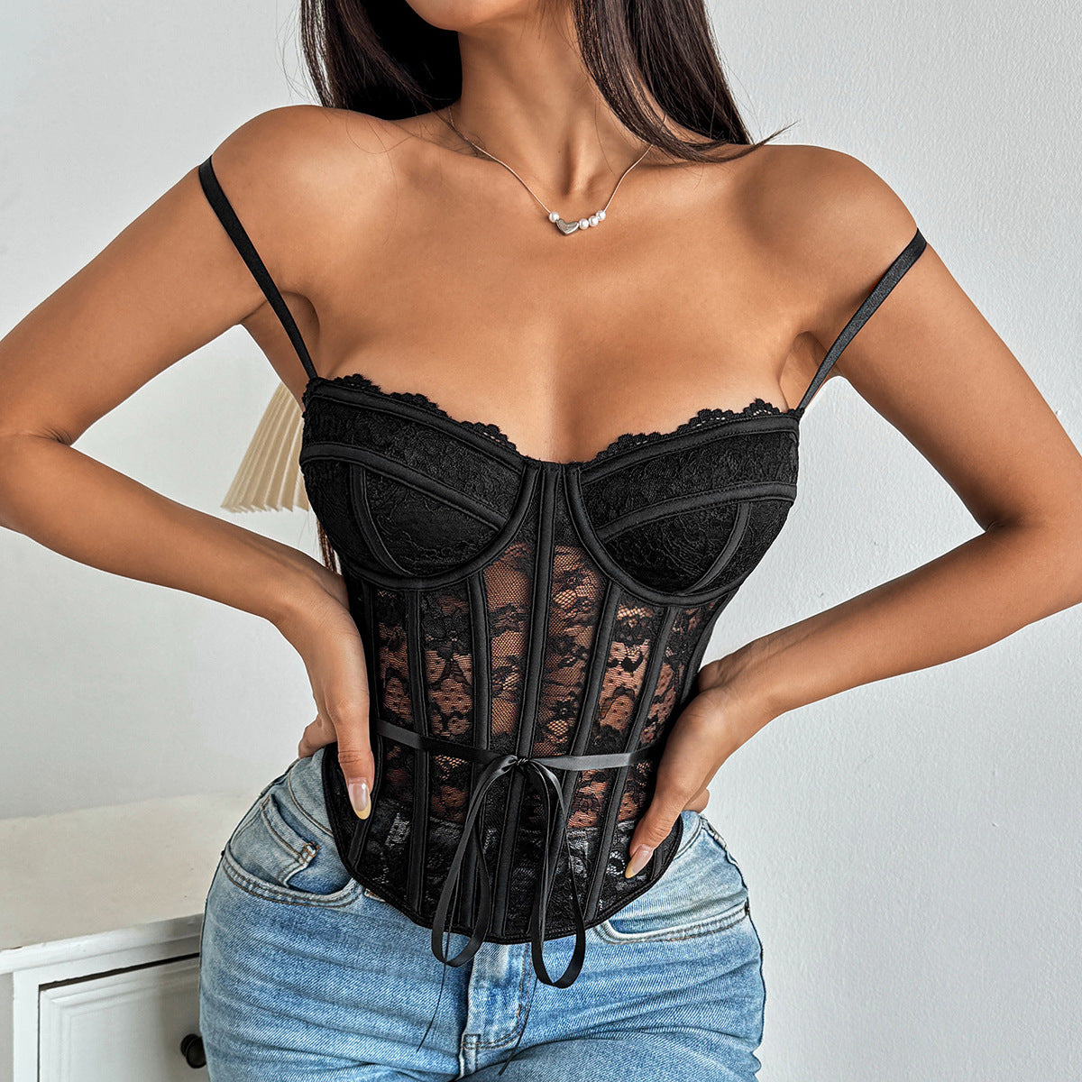 Style Tie-Back A-Line Fitted Spicy Corset Lace Trim Sheer Strapless Crop Top