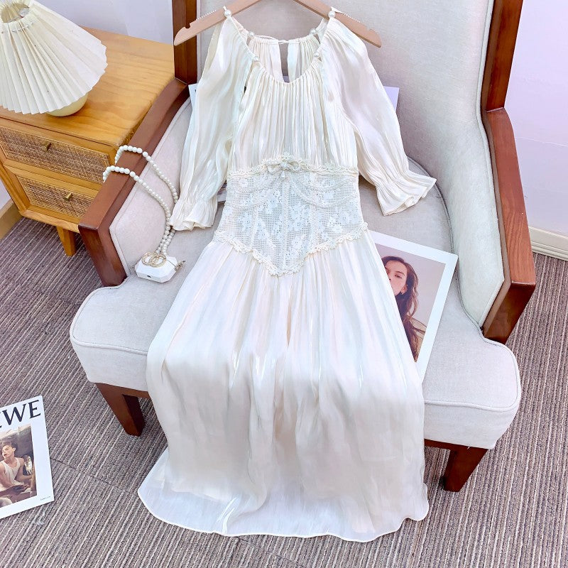 LaceMa  Court Style Lace Spliced Corset Dress White Commute Daily Wear